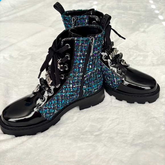 KARL LAGERFELD Mela Black and Blue Tweed Embellished Combat Boots--NWT--7 - Picture 3 of 16